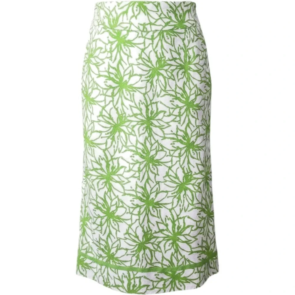14/16 Linen Blend Midi Skirt Lime‎ Green Floral A-Line Summer Peasant Women